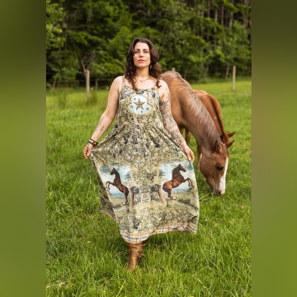 ⭐️Market of Stars⭐️ Born to Run Vintage Rustic Western Freedom Wear Horse Dress - Picture 4 of 12